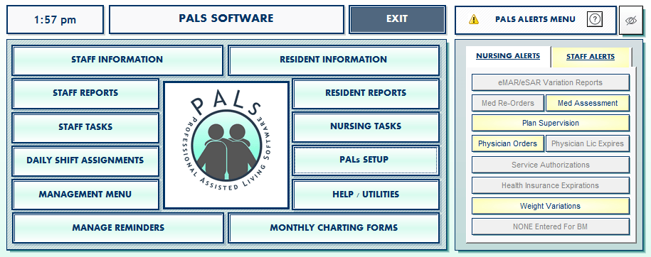 Portryal of the main menu and nursing alert feature found within the PALs Platinum software program.