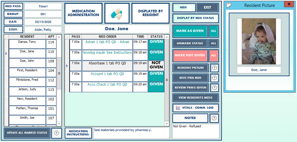 Portrayal of the eMAR component found within the PALs Platinum software program.